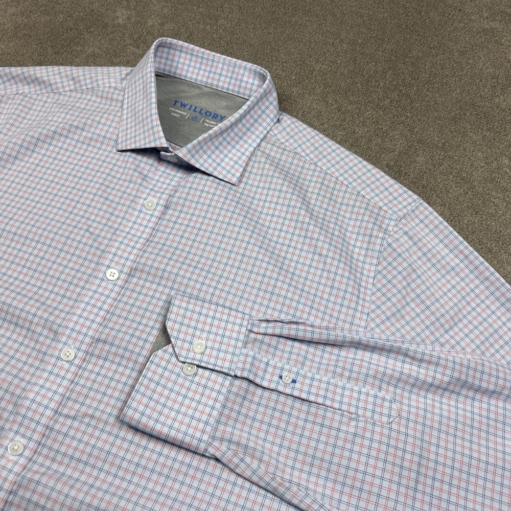 Twillory Mens Performance Dress Shirt Blue Red Check Grid 18 36-37 2XL Tailored